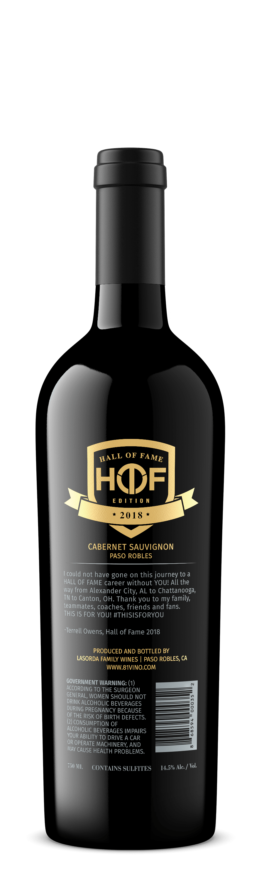 A bottle of wine with the hof logo on it.