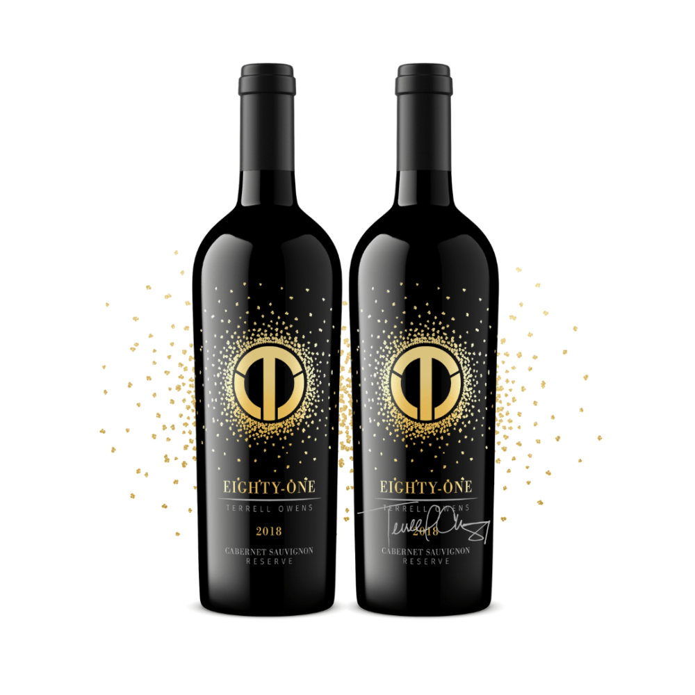 Two bottles of wine with a gold and black logo.