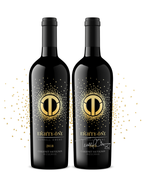Two bottles of wine with a gold and black logo.